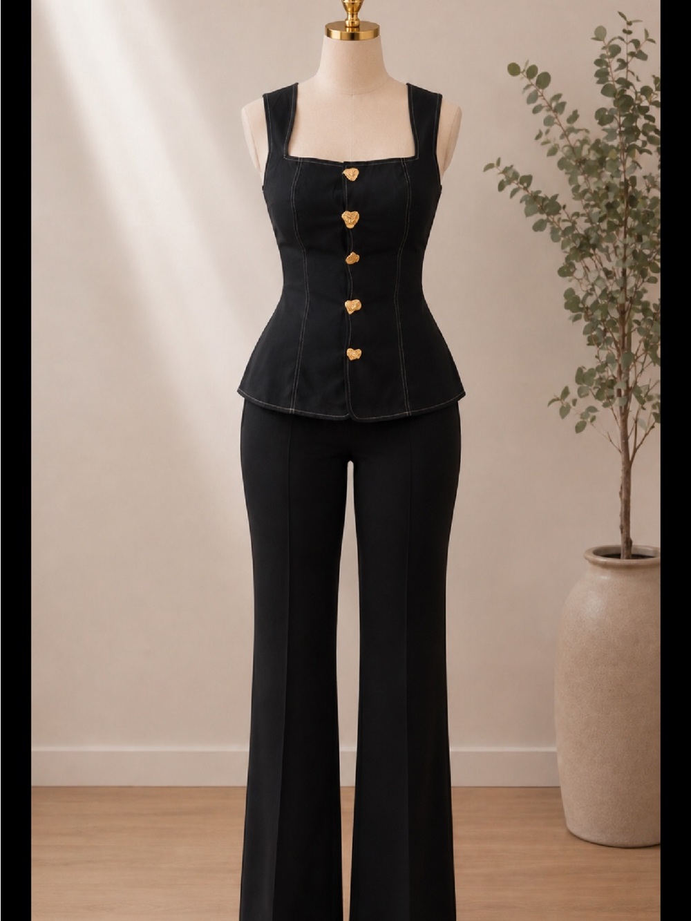 Black Heart-Button Corset Top & Flare Pants Set
